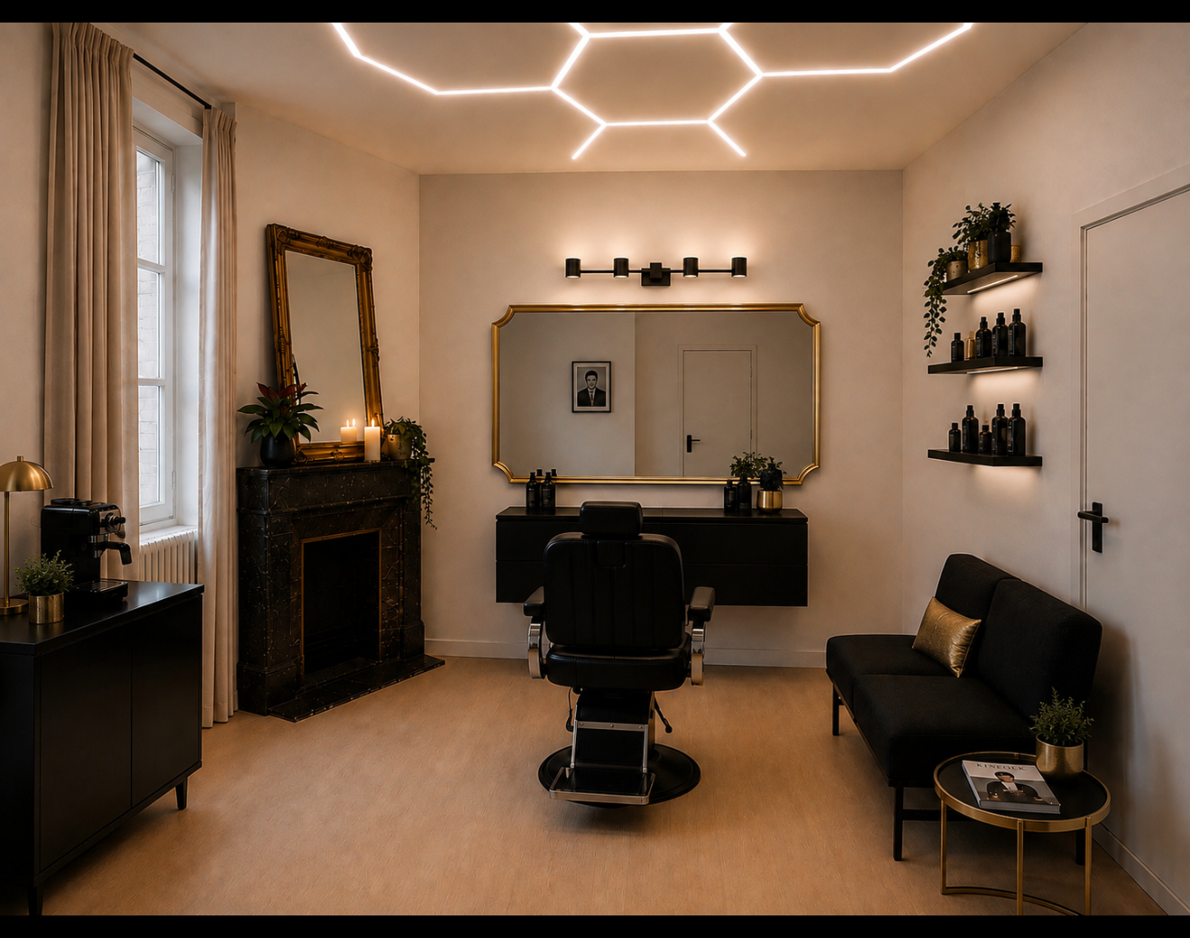 Espace coiffure chaleureux avec miroir et fauteuil